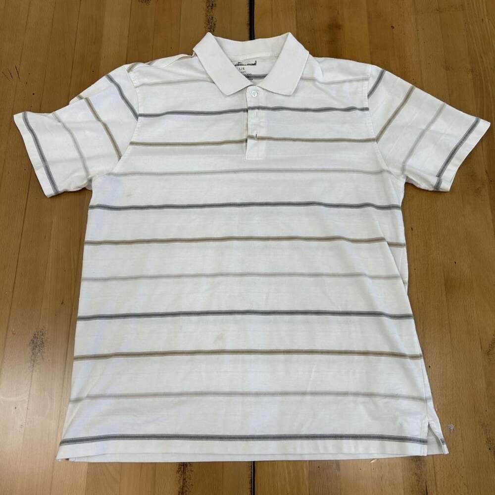 Banana Republic Striped Polo Shirt Size L White Gray Slim Fit Cotton